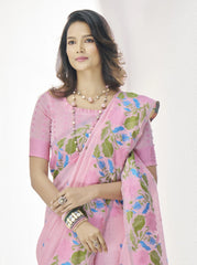 Pink Floral Print Linen Silk Saree
