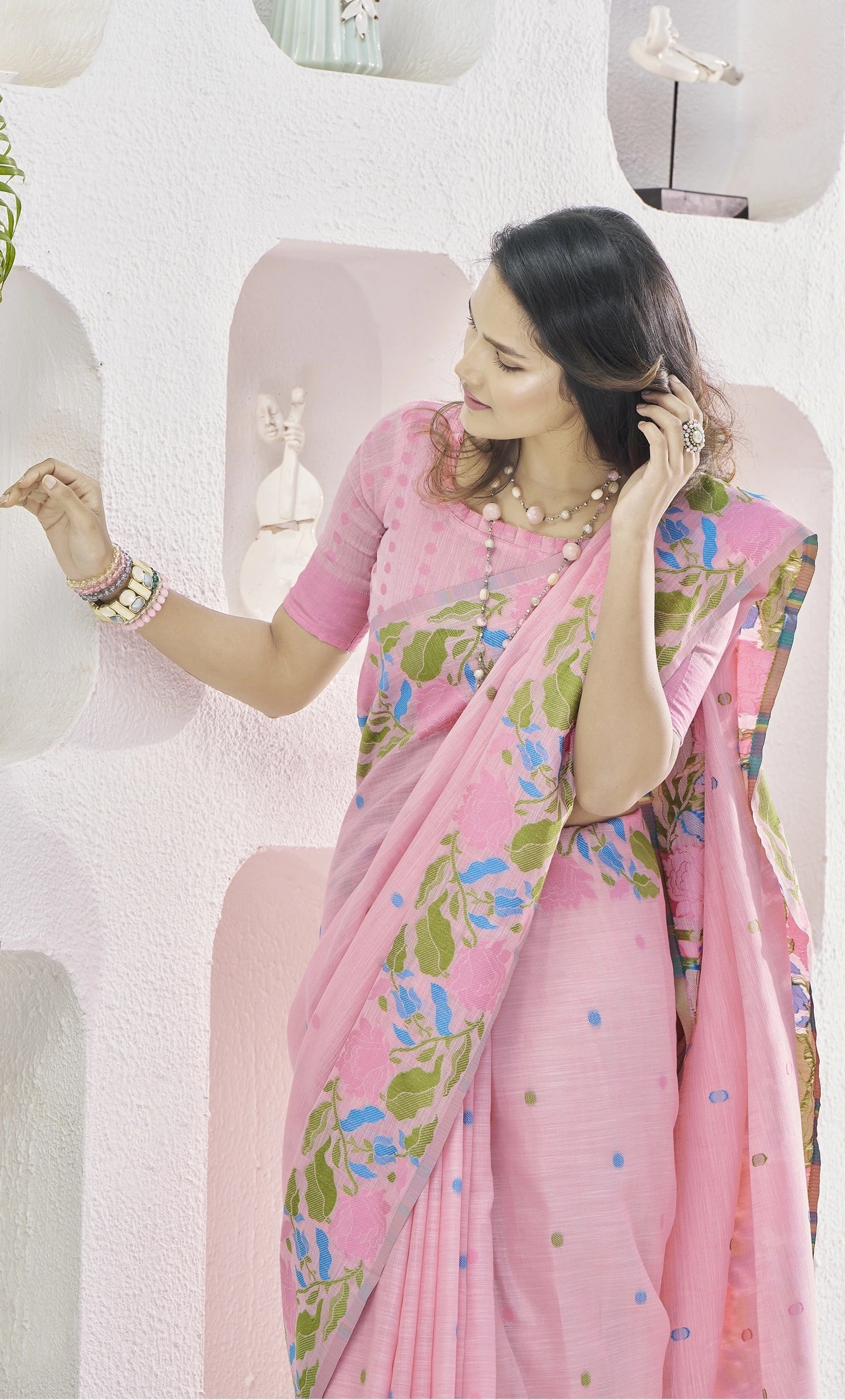 Pink Floral Print Linen Silk Saree Kalyanja Fashion