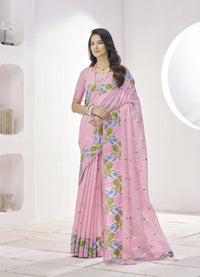 Pink Floral Print Linen Silk Saree