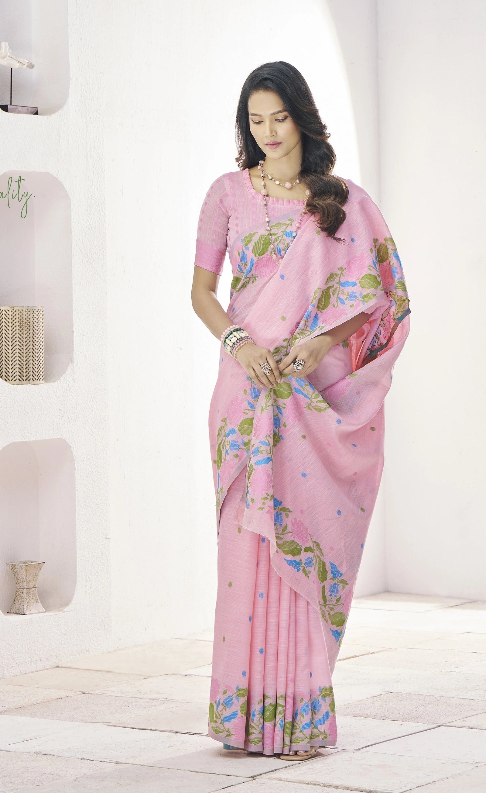 Pink Floral Print Linen Silk Saree Kalyanja Fashion