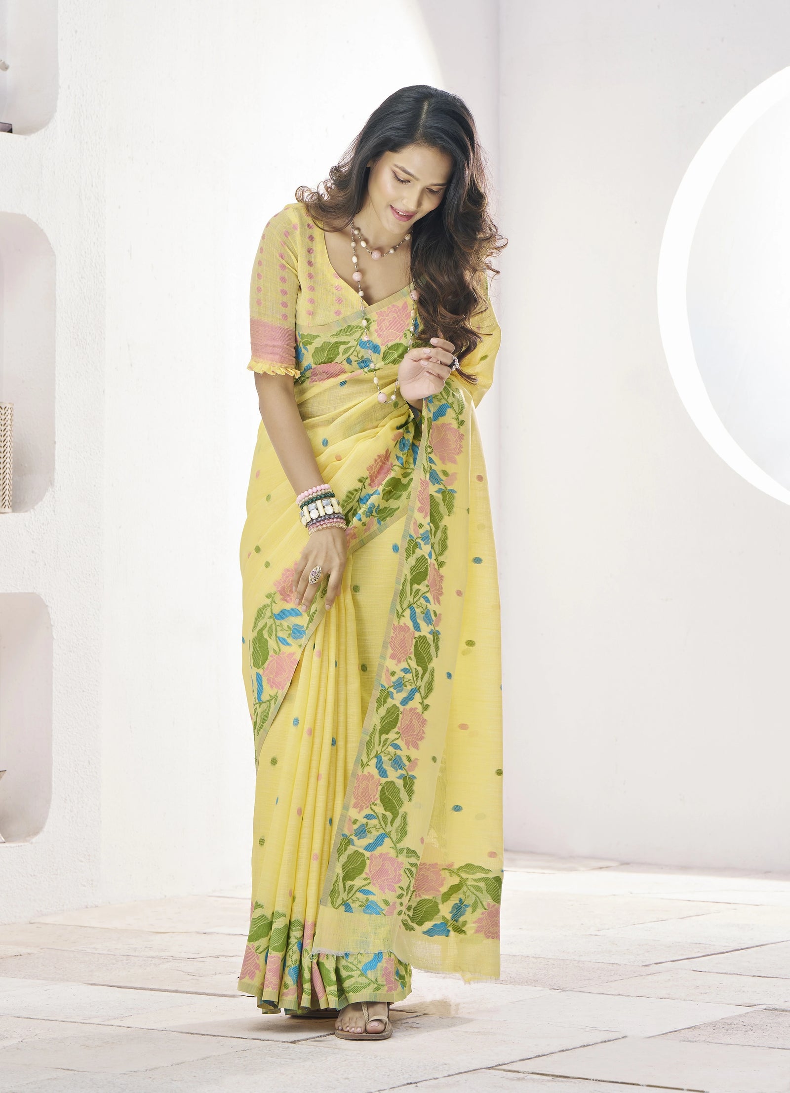 yellow floral print linen silk saree