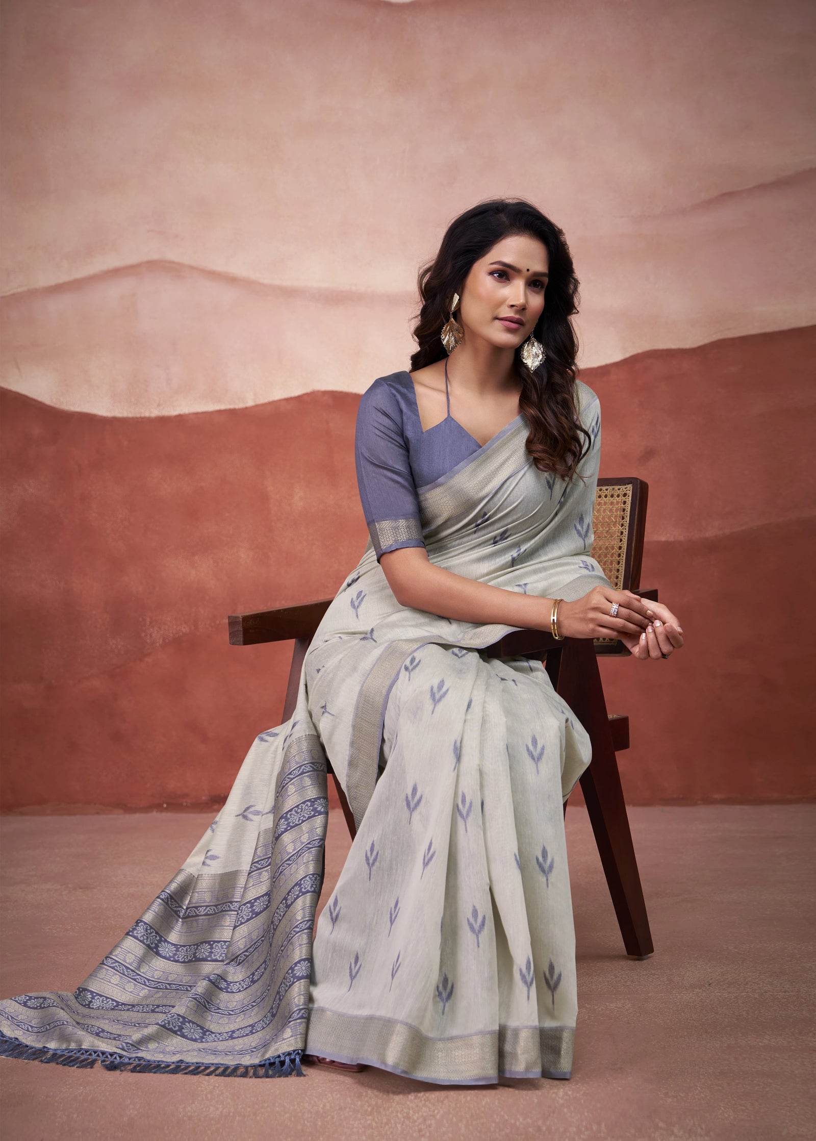 blue gray zari weaving cotton saree