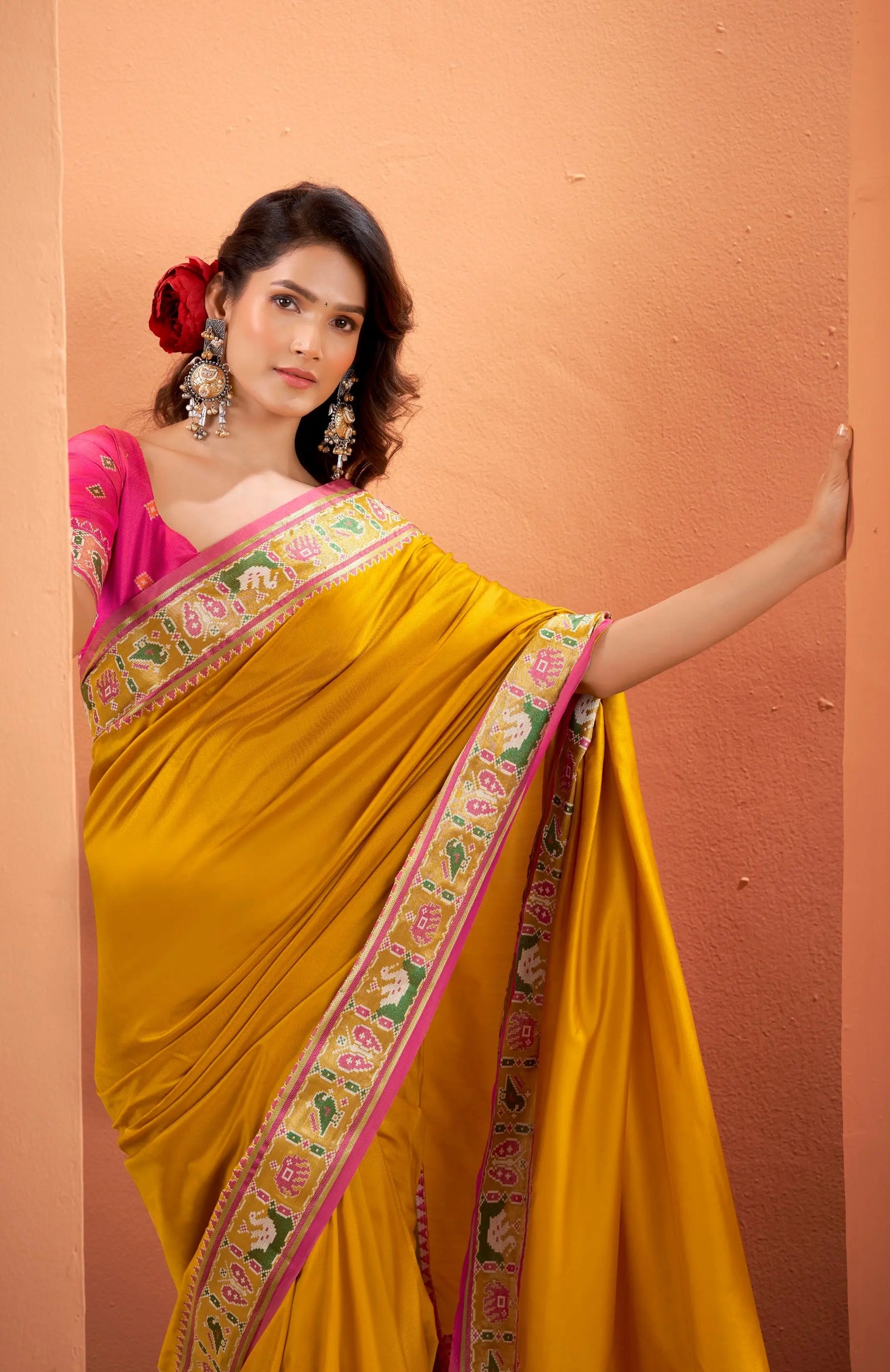 Mustard Yellow Patola Style Motifs Patola Silk Saree Kalyanja Fashion