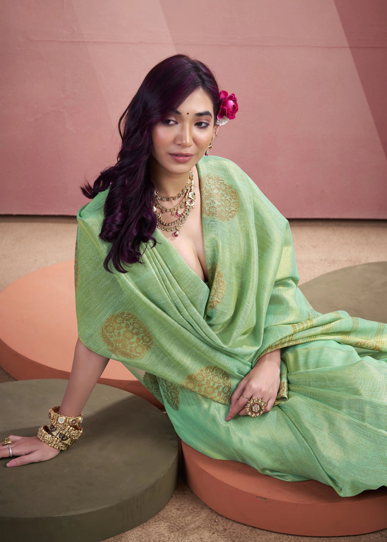 green tissue fancy weaving silk saree - kalyanja
