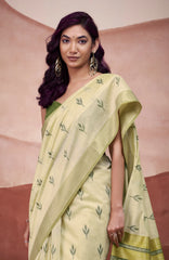 Light Pista Zari Weaving Cotton Saree