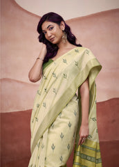 Light Pista Zari Weaving Cotton Saree