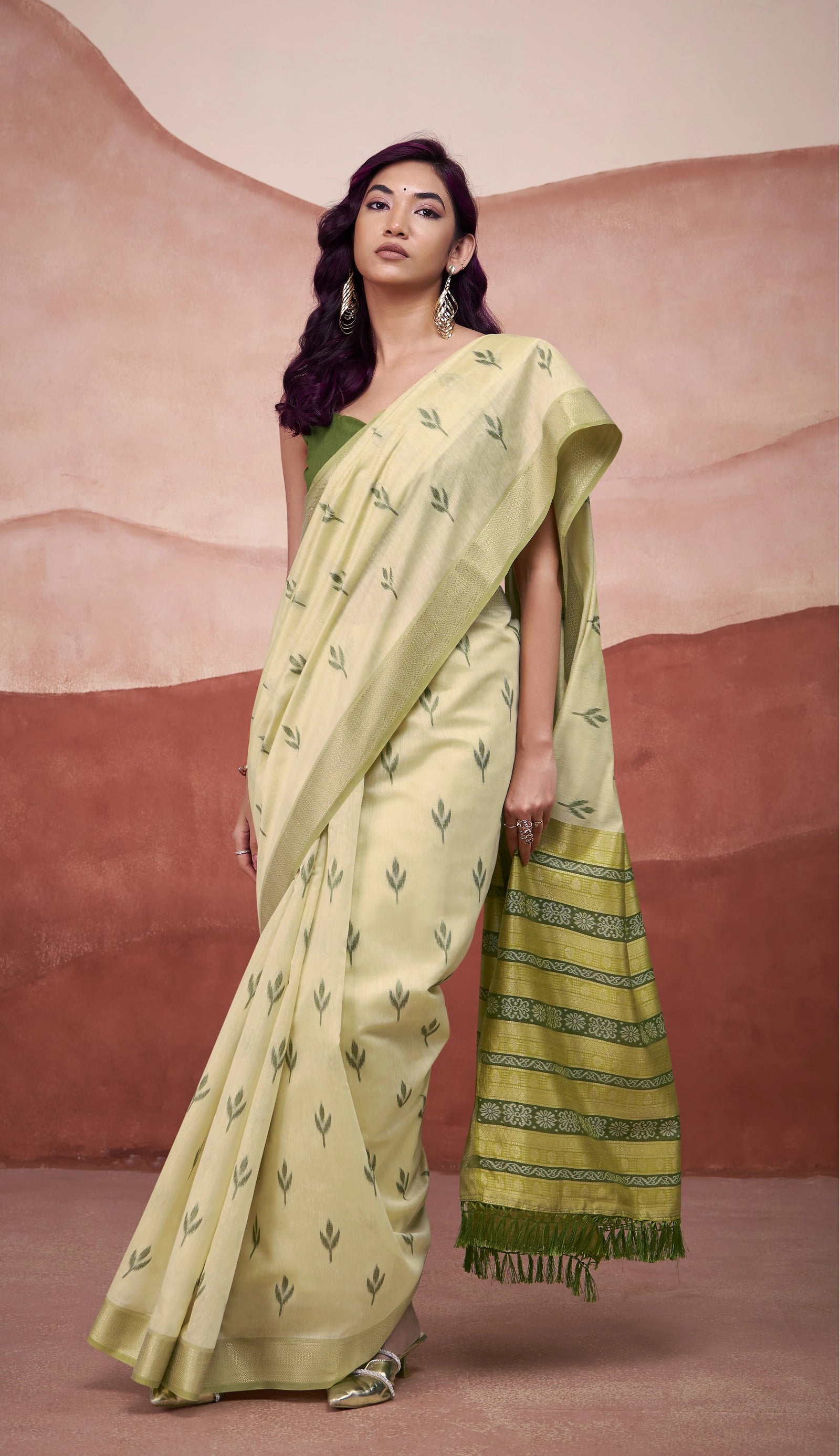 light pista zari weaving cotton saree - kalyanja