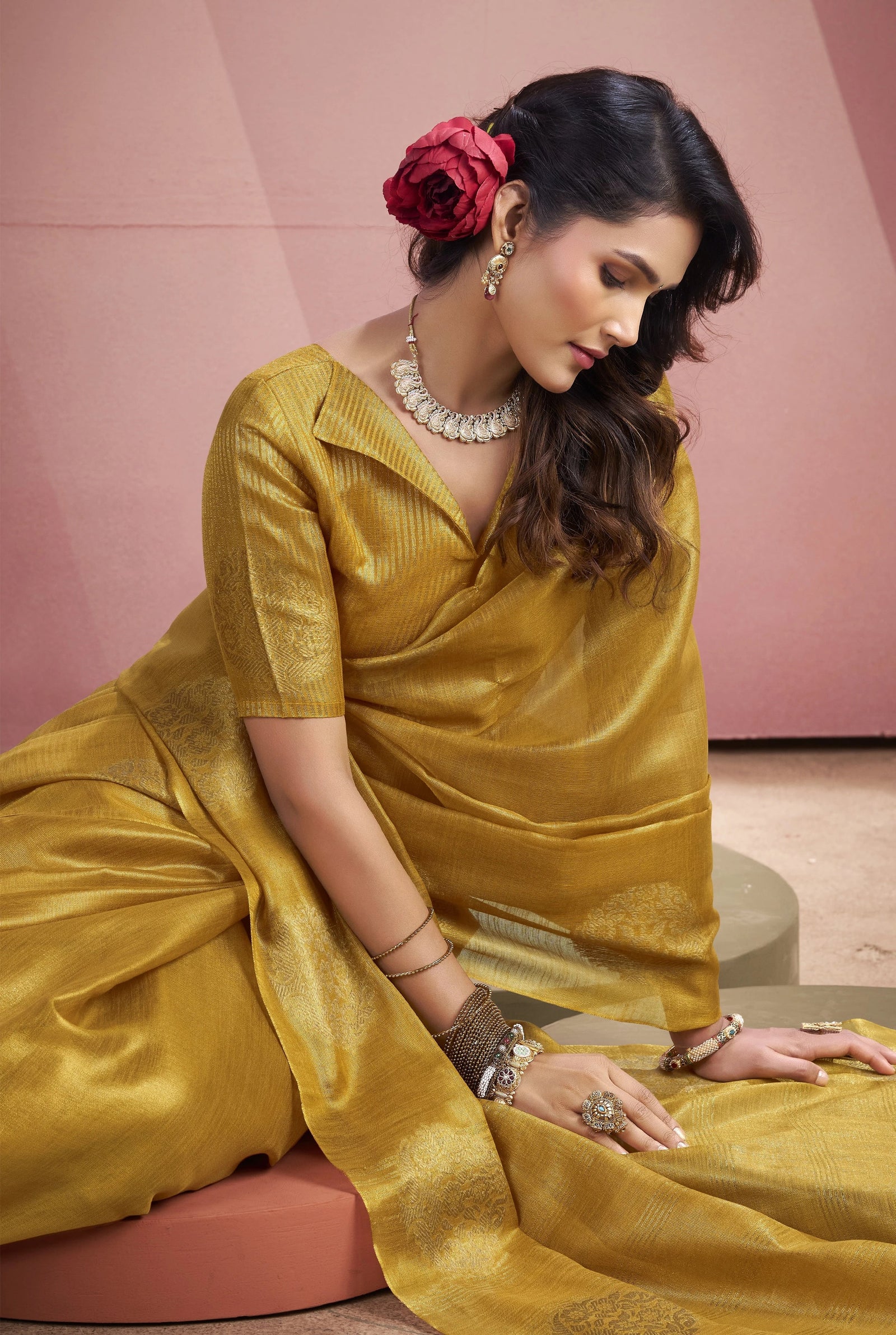 Mustard Yellow Tissue Fancy Weaving Silk Saree Kalyanja Fashion