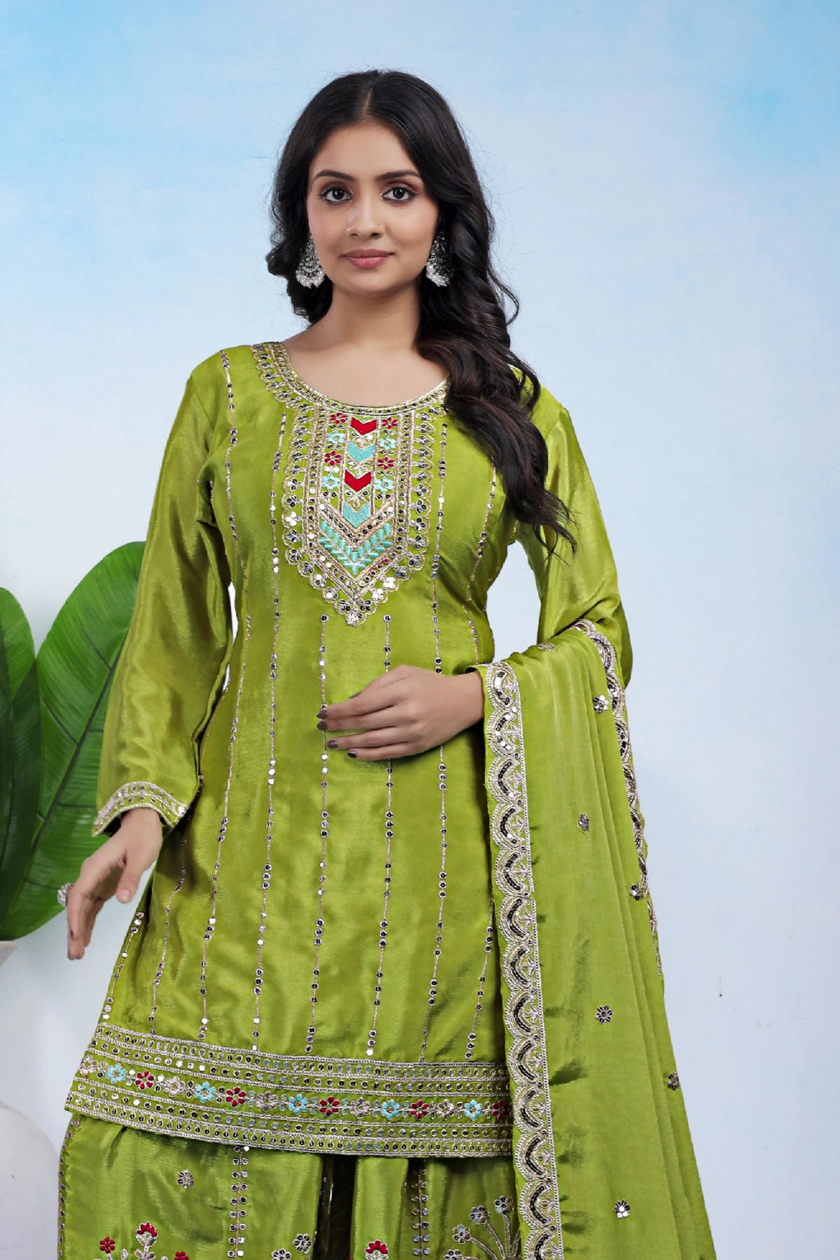 pista green sequins embroidered chinon suit