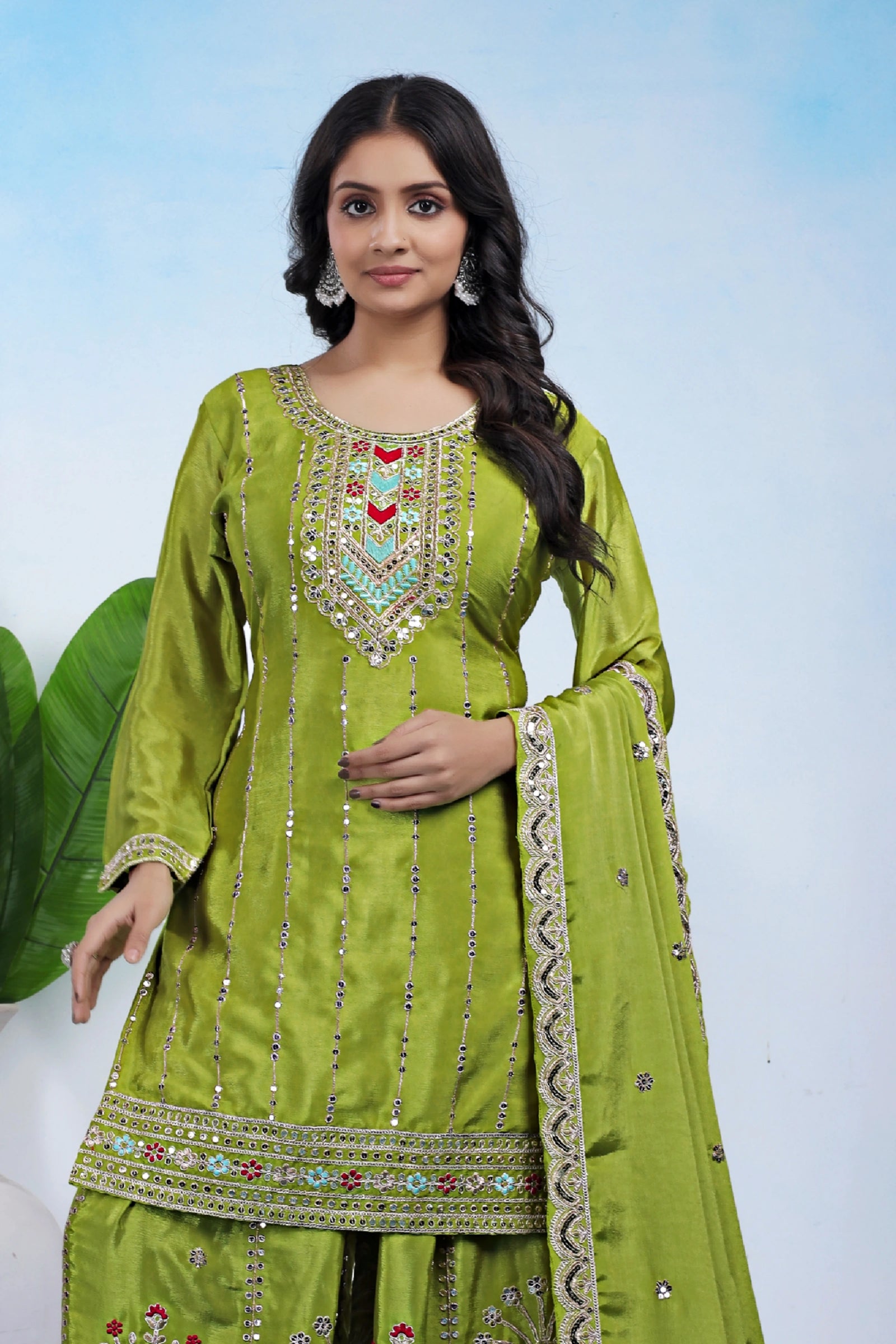 pista green sequins embroidered chinon suit