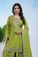 pista green sequins embroidered chinon suit