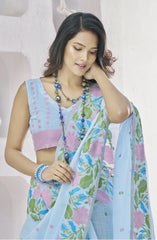 Blue Floral Print Linen Silk Saree
