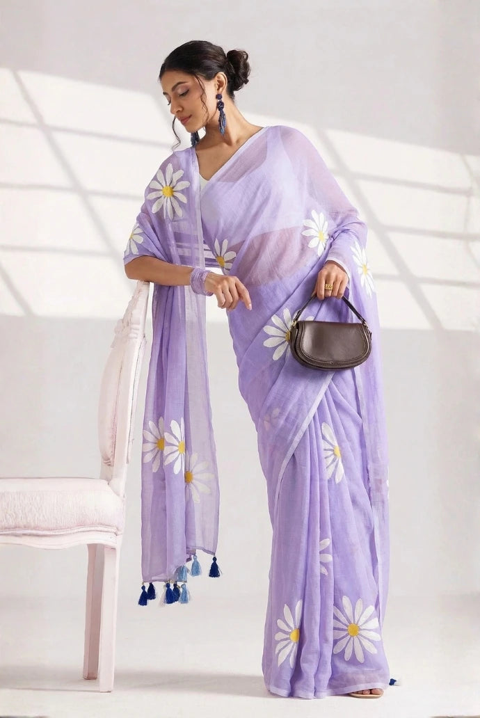 lavender linen cotton saree