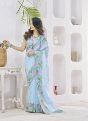 Blue Floral Print Linen Silk Saree