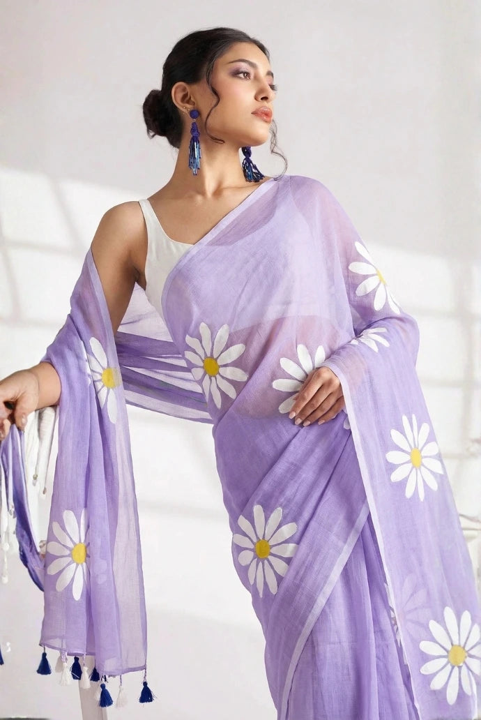 lavender linen cotton saree