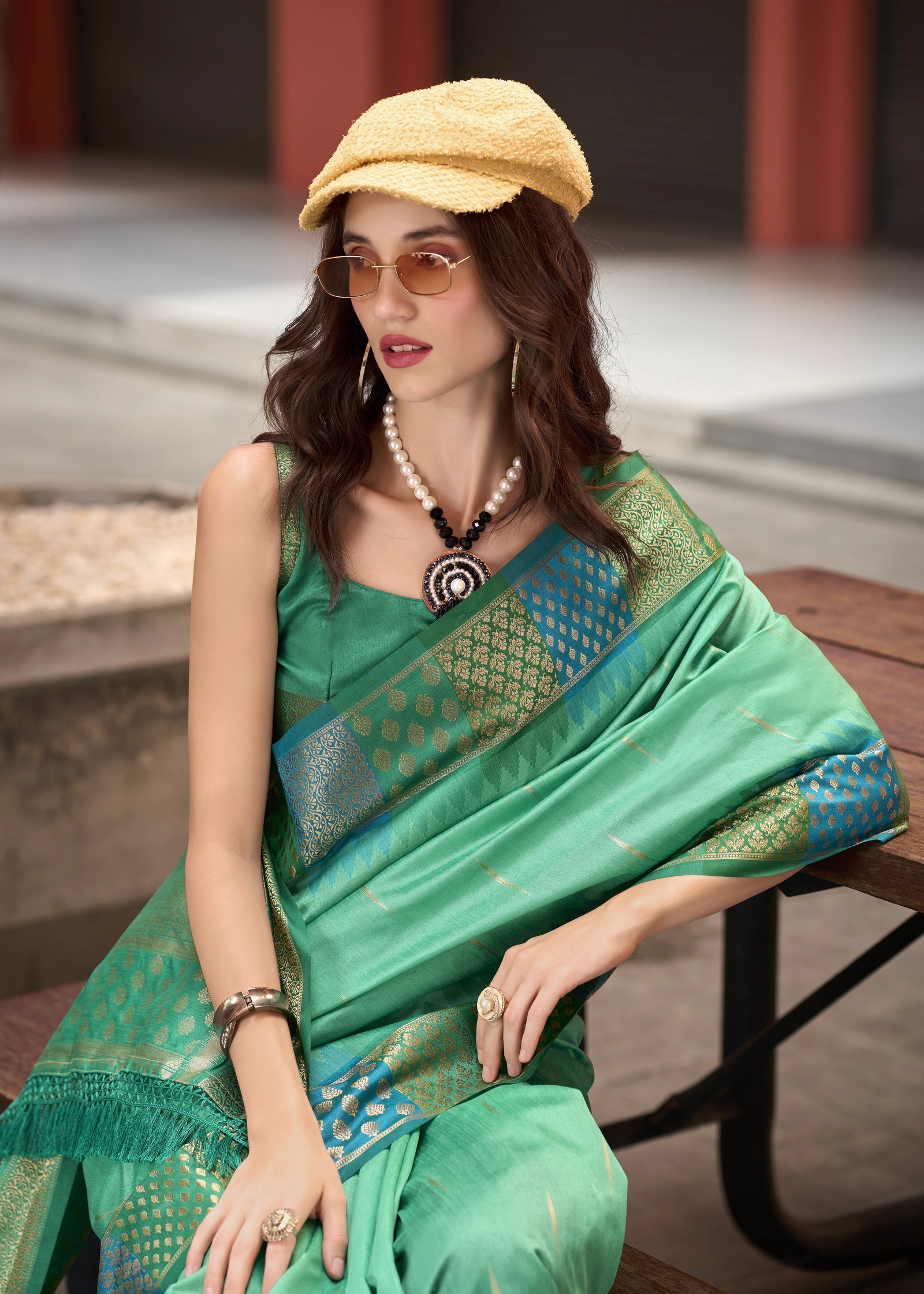 green banarasi silk zari weaving saree - kalyanja
