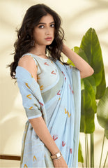 Blue Handloom-Style Weaving Linen Silk Saree