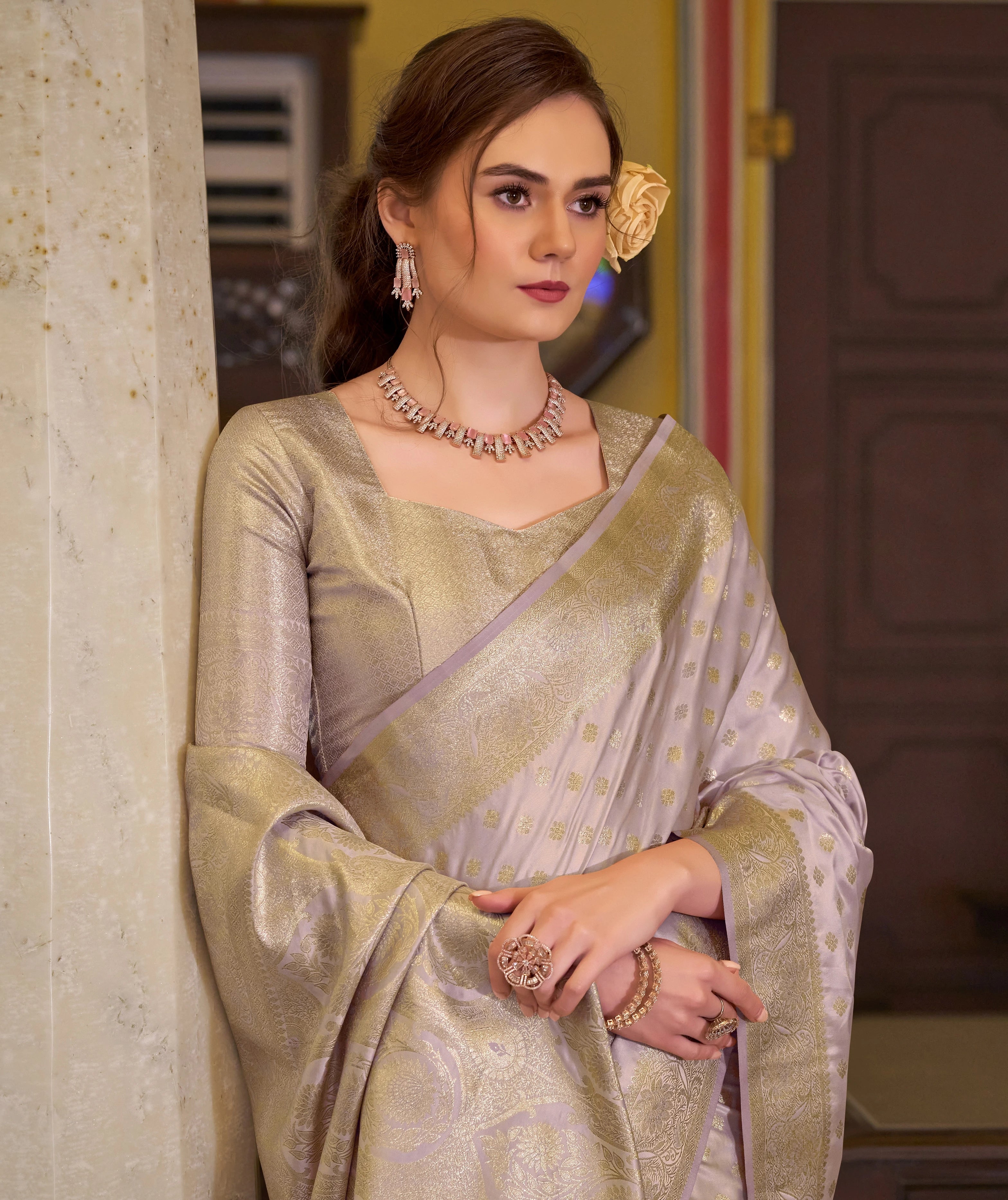 Lavender Embroidery Work Satin Banarasi Silk Saree