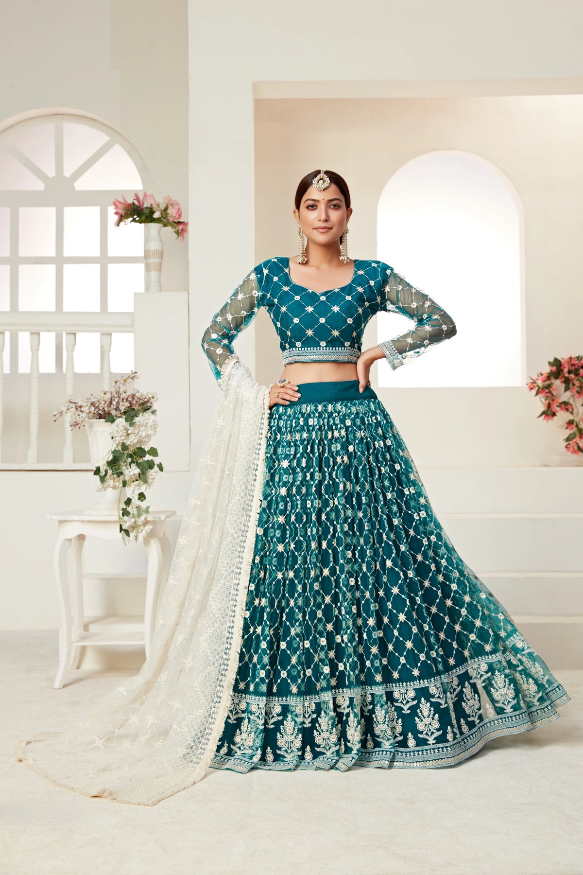 Sequin work teal Zariya lehenga – Kalyanja.