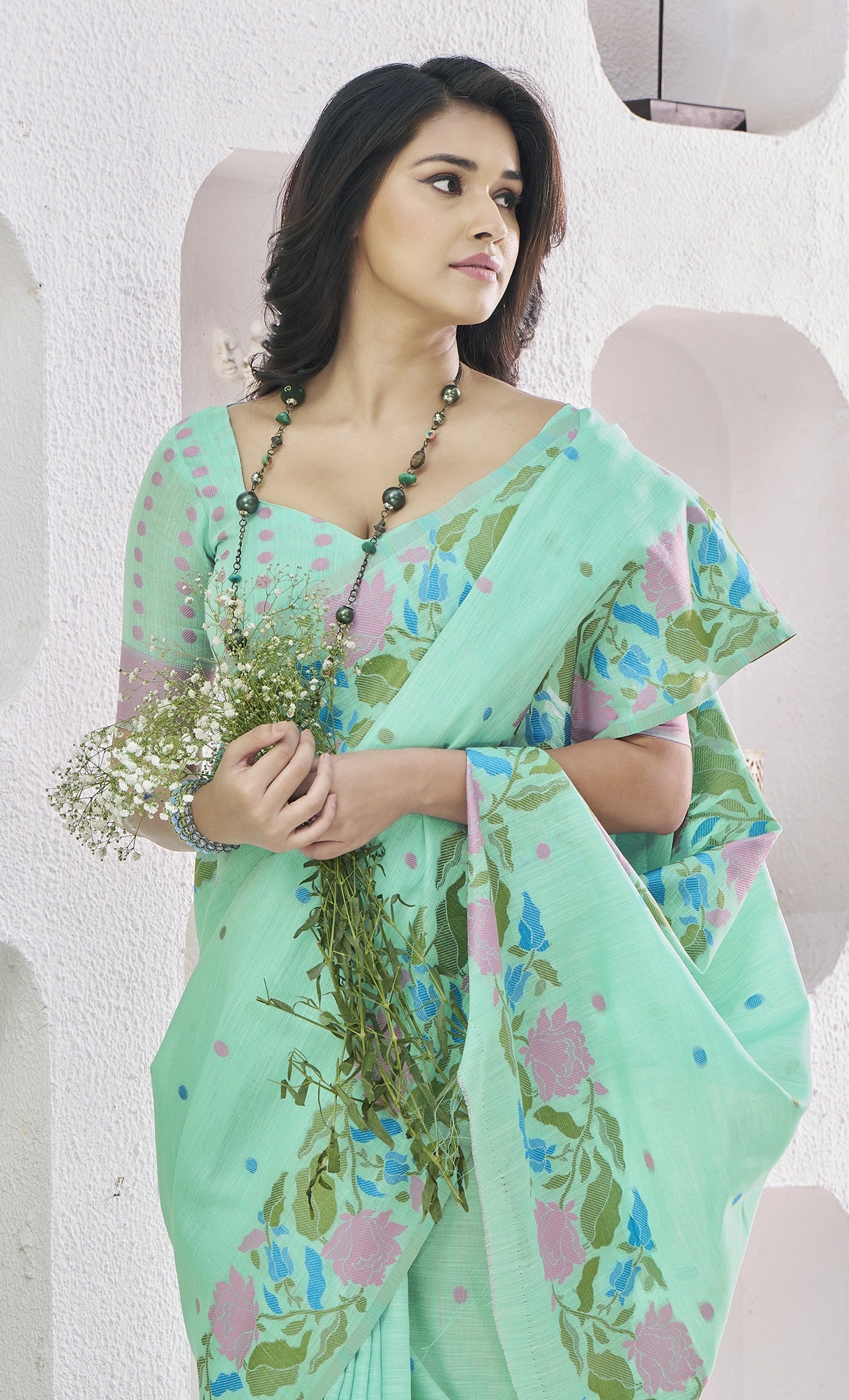 green floral print linen silk saree - kalyanja