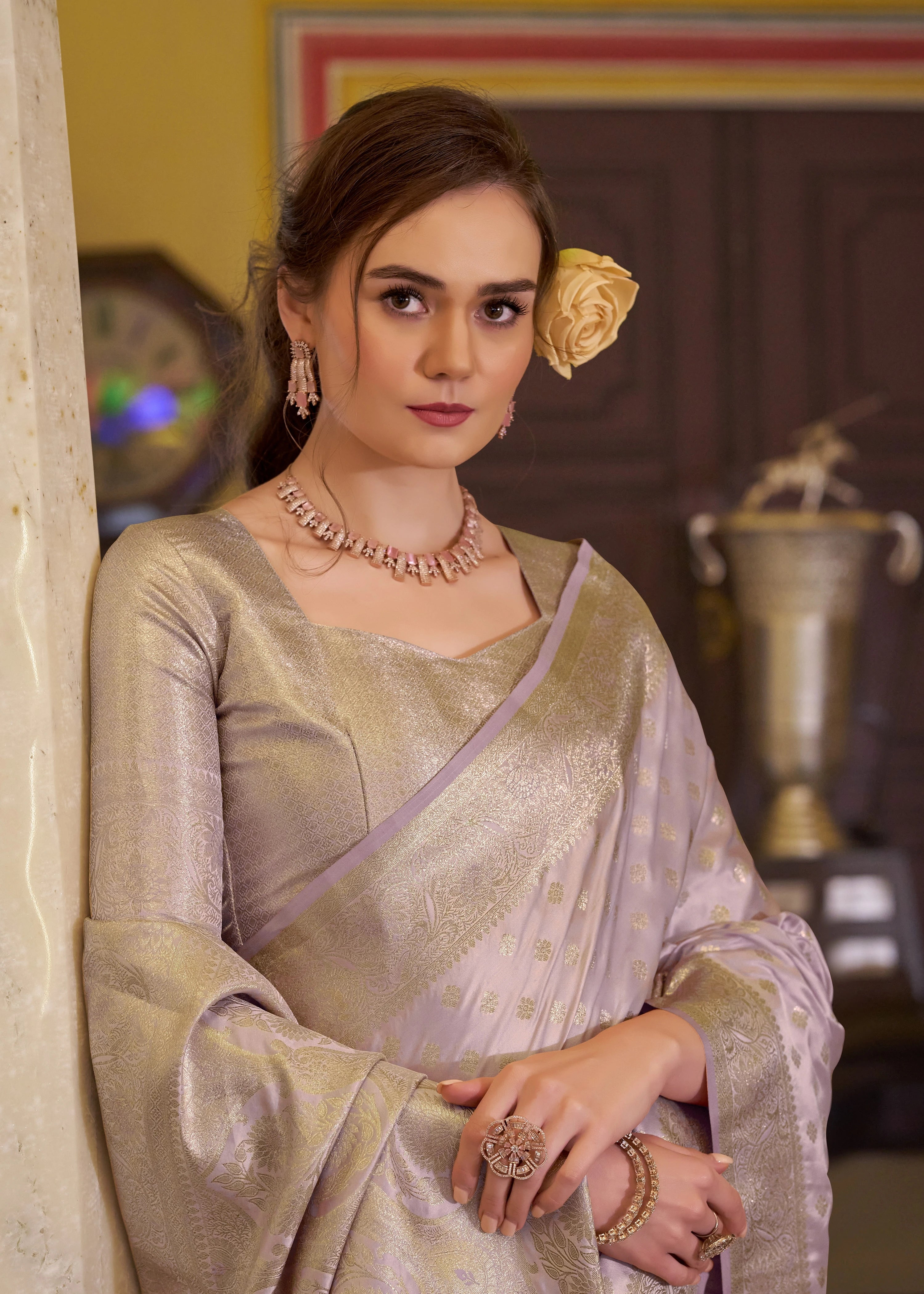 lavender embroidery work satin banarasi silk saree - kalyanja