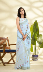 Blue Handloom-Style Weaving Linen Silk Saree