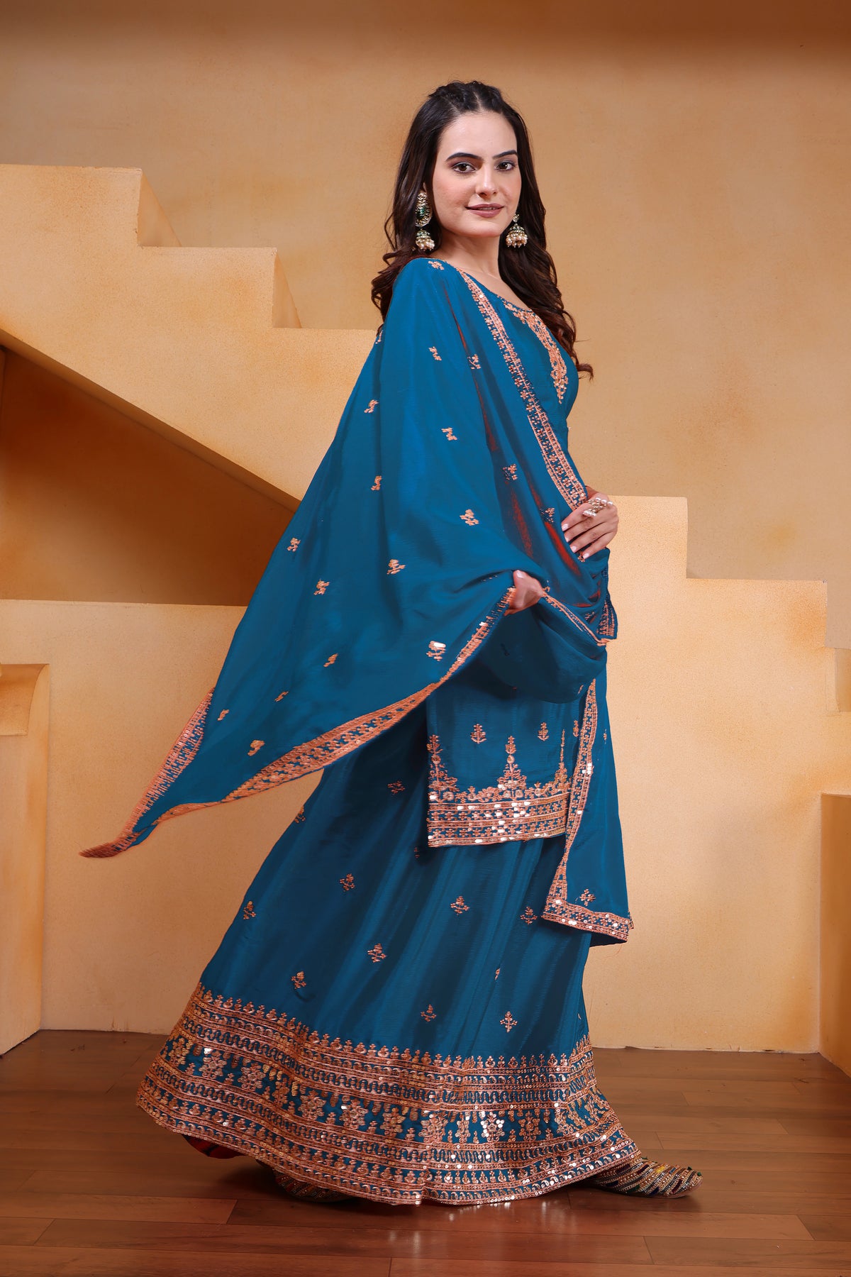 rama blue sequins embroidered chinon suit