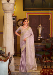 Lavender Embroidery Work Satin Banarasi Silk Saree