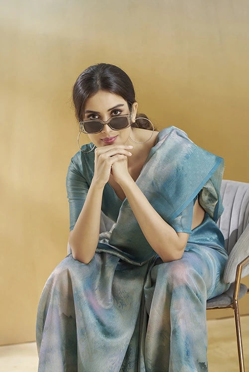 rama blue pista handloom weaving silk saree