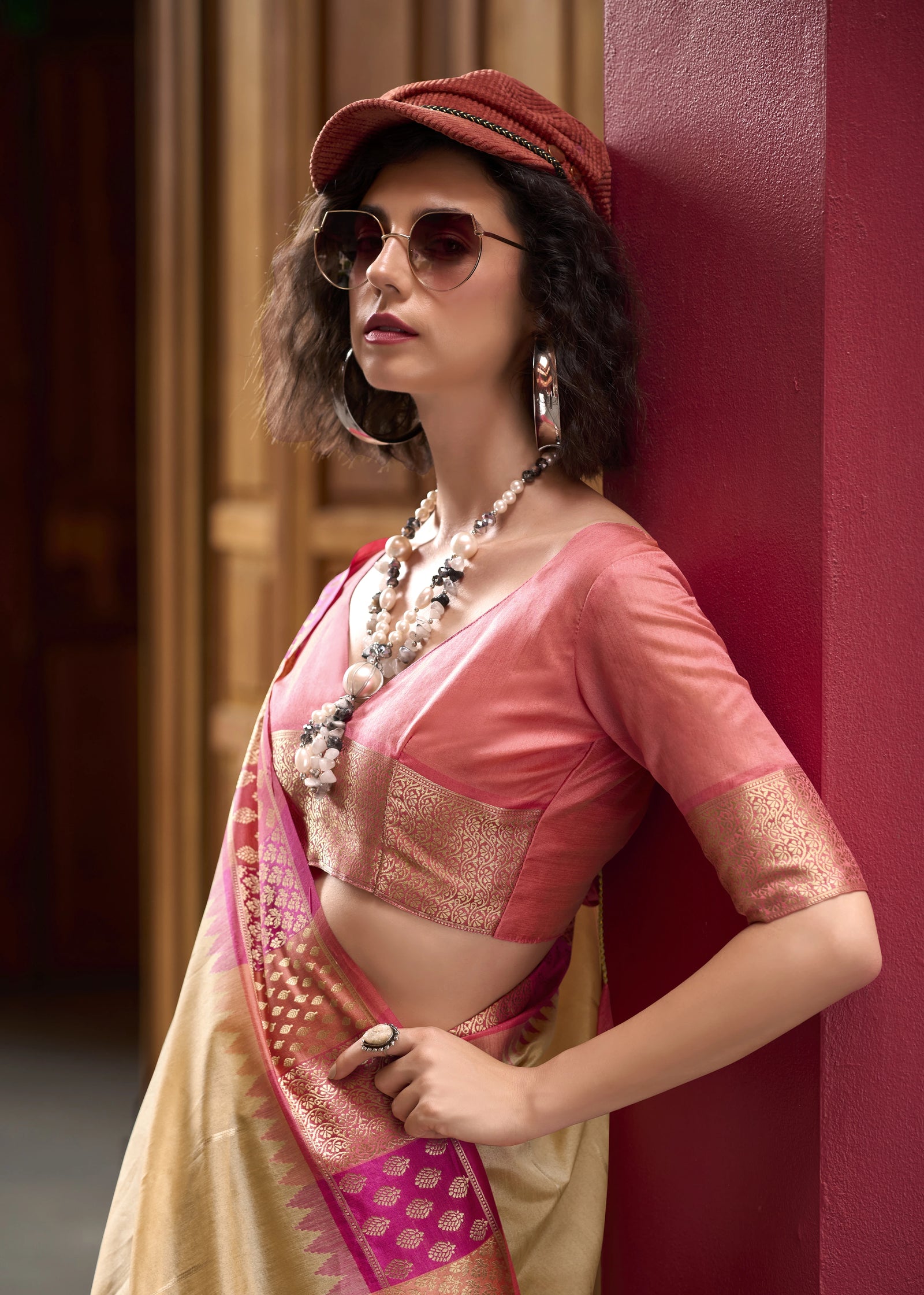 beige banarasi silk zari weaving saree - kalyanja