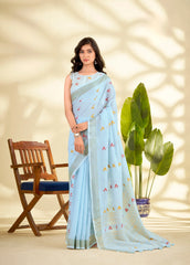 Blue Handloom-Style Weaving Linen Silk Saree