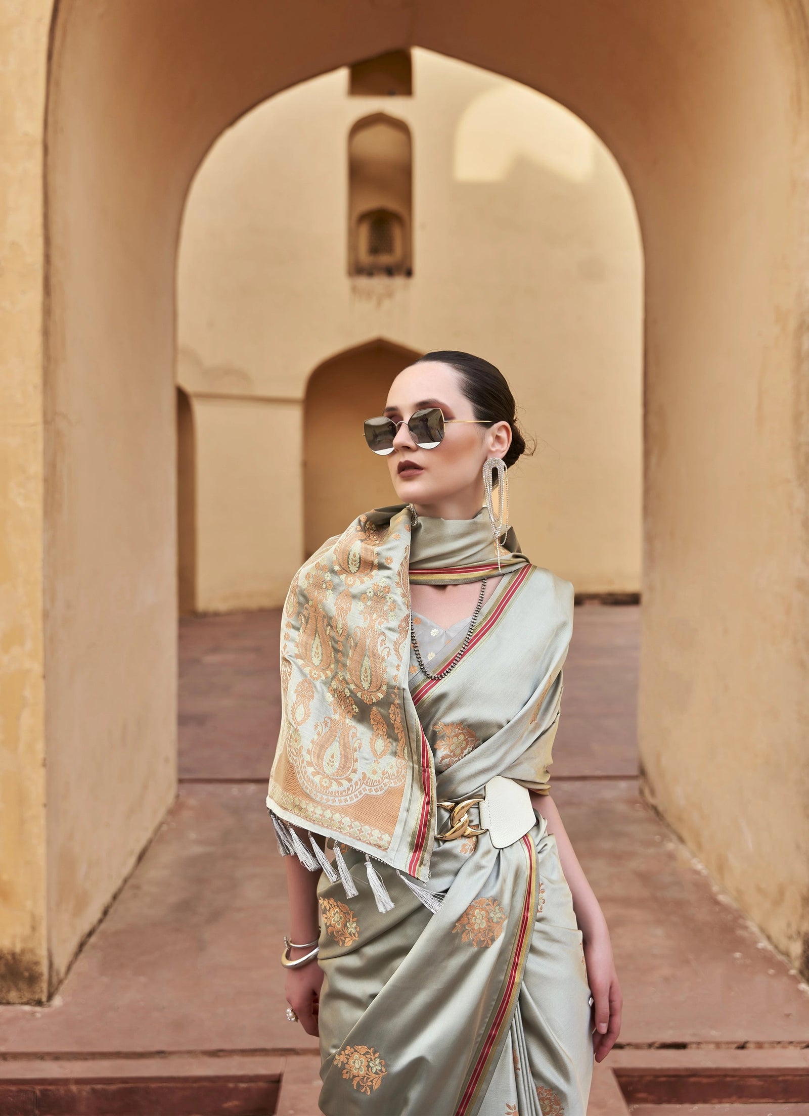 Gray Copper Zari Weaving Copper Zari Weaving Saree Kalyanja Fashion
