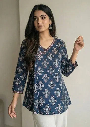  Neelam short kurti in a rich teal floral print with an adjustable wrap-around silhouette – Kalyanja.