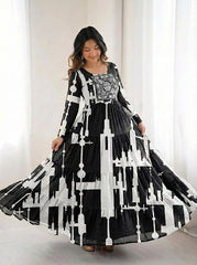 black and white printed long gown - kalyanja