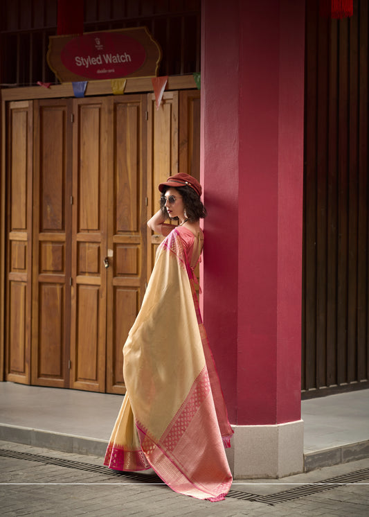 Beige Banarasi Silk Zari Weaving Saree