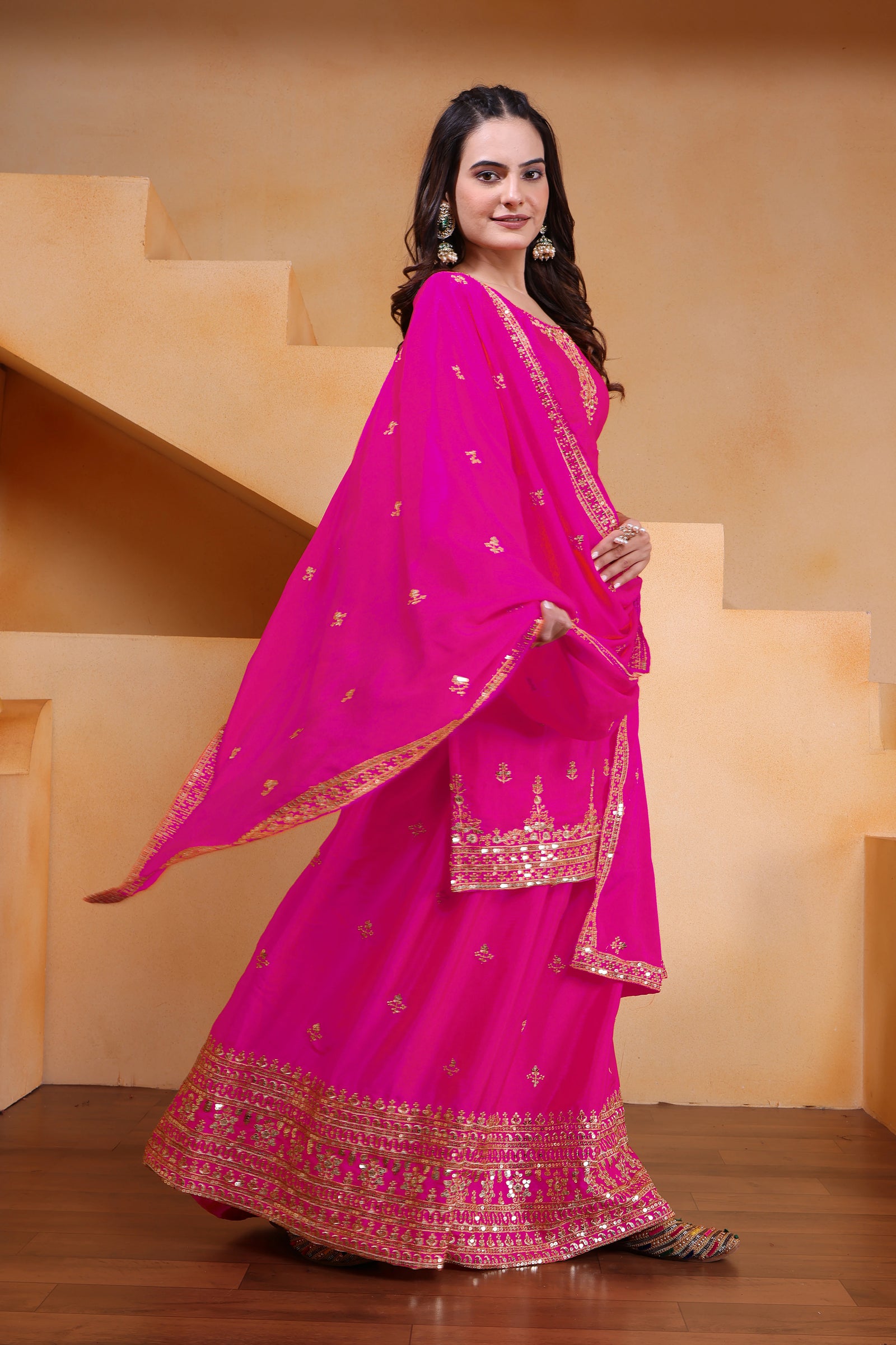 dark pink chinon sequins embroidered suit