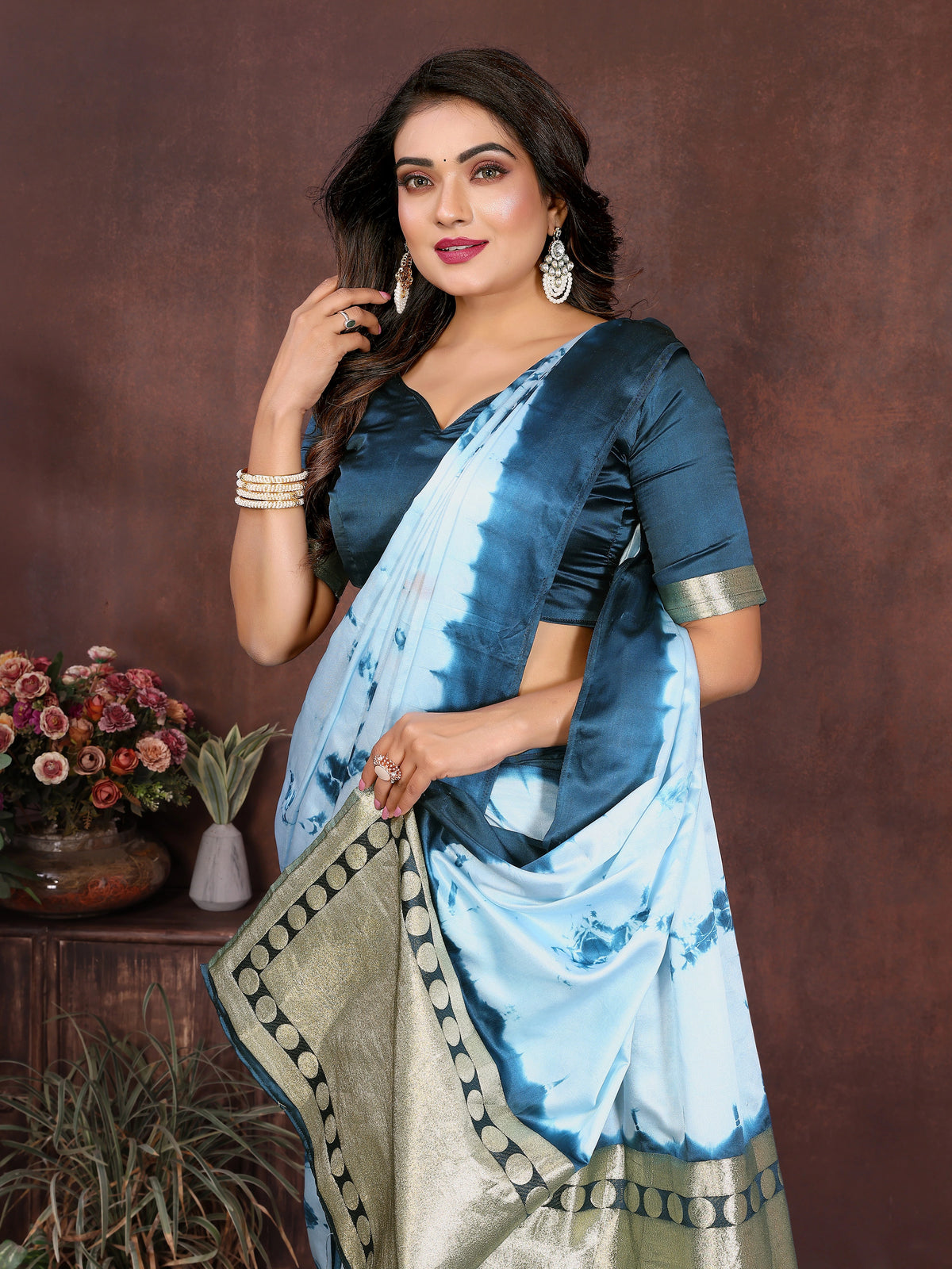 Blue Sibori Work Soft Satin Silk Saree - kalyanja