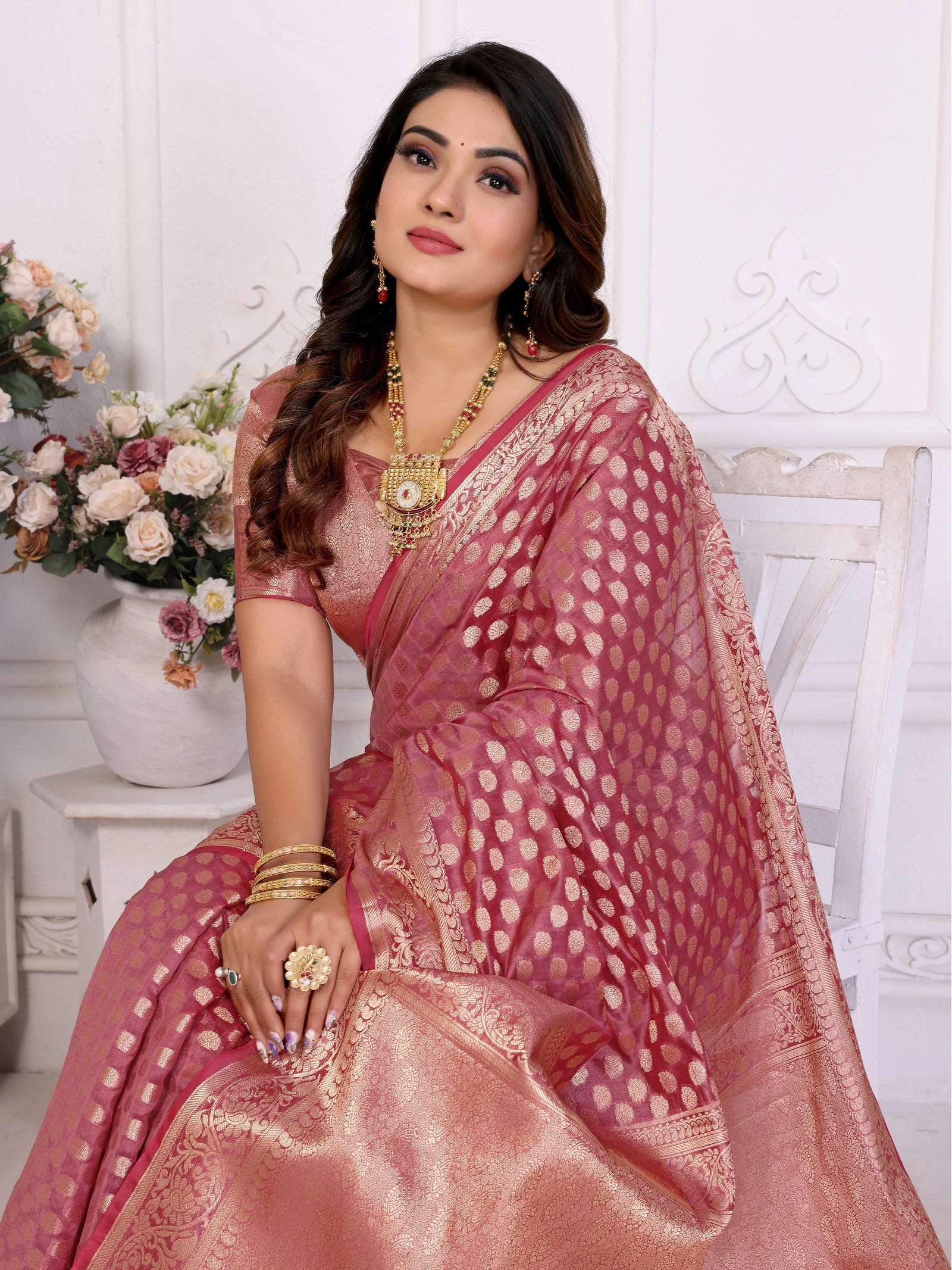 Soft Pink Gold Zari Weaving Soft Organza Banarasi Silk Saree – Kalyanja
