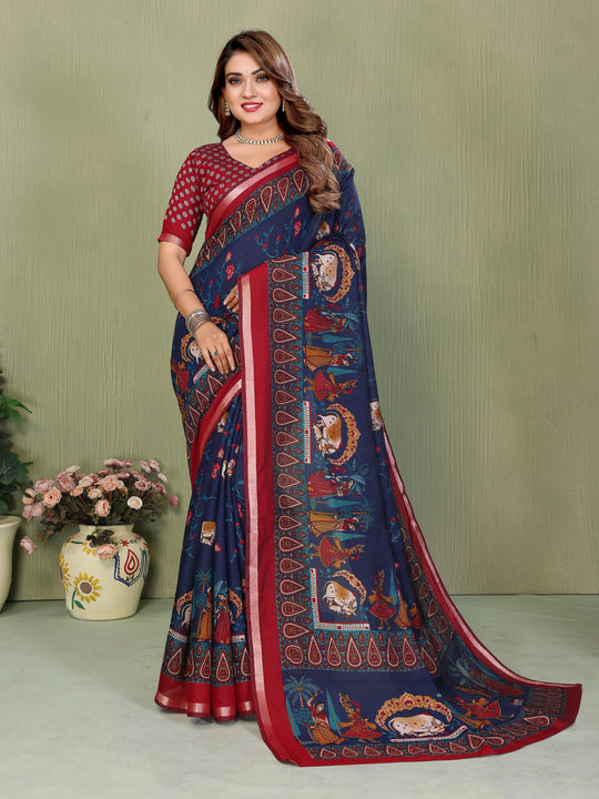 Navy Blue Mul Cotton Kalamkari Print Saree - kalyanja