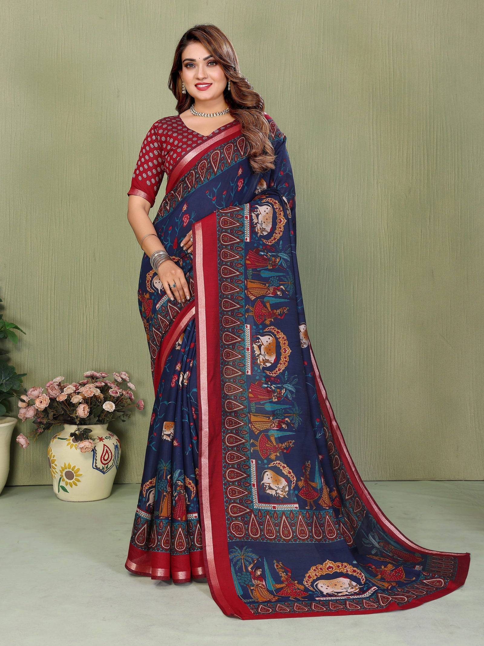 Navy Blue Mul Cotton Kalamkari Print Saree - kalyanja