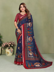 Navy Blue Mul Cotton Kalamkari Print Saree