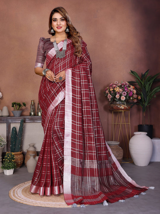 Maroon Ached Weaving Soft Linen Saree – Kalyanja
