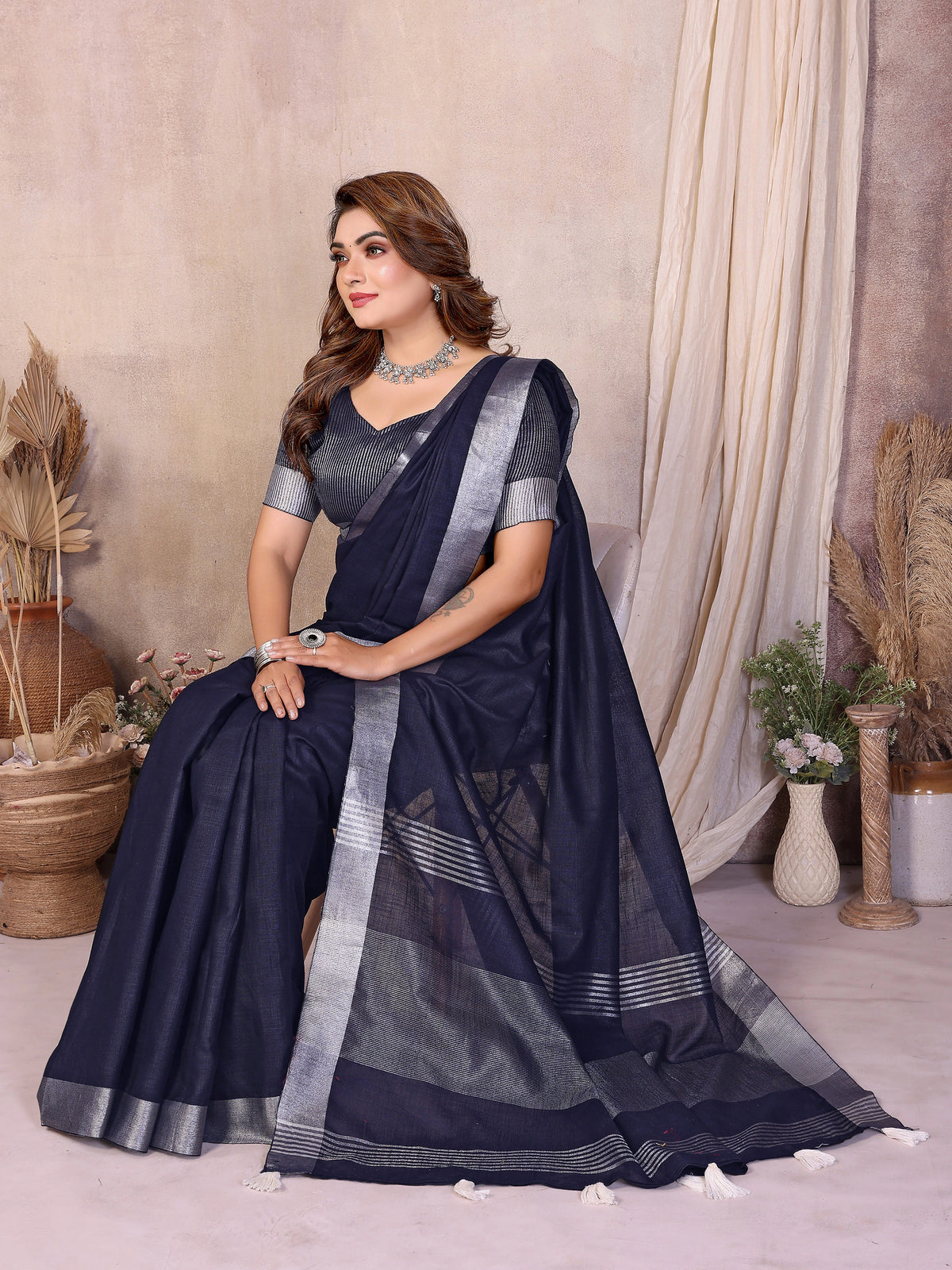 Navy blue silver zari border linen cotton saree – Kalyanja.