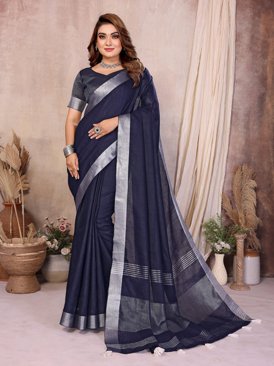 Navy blue silver zari border linen cotton saree – Kalyanja.