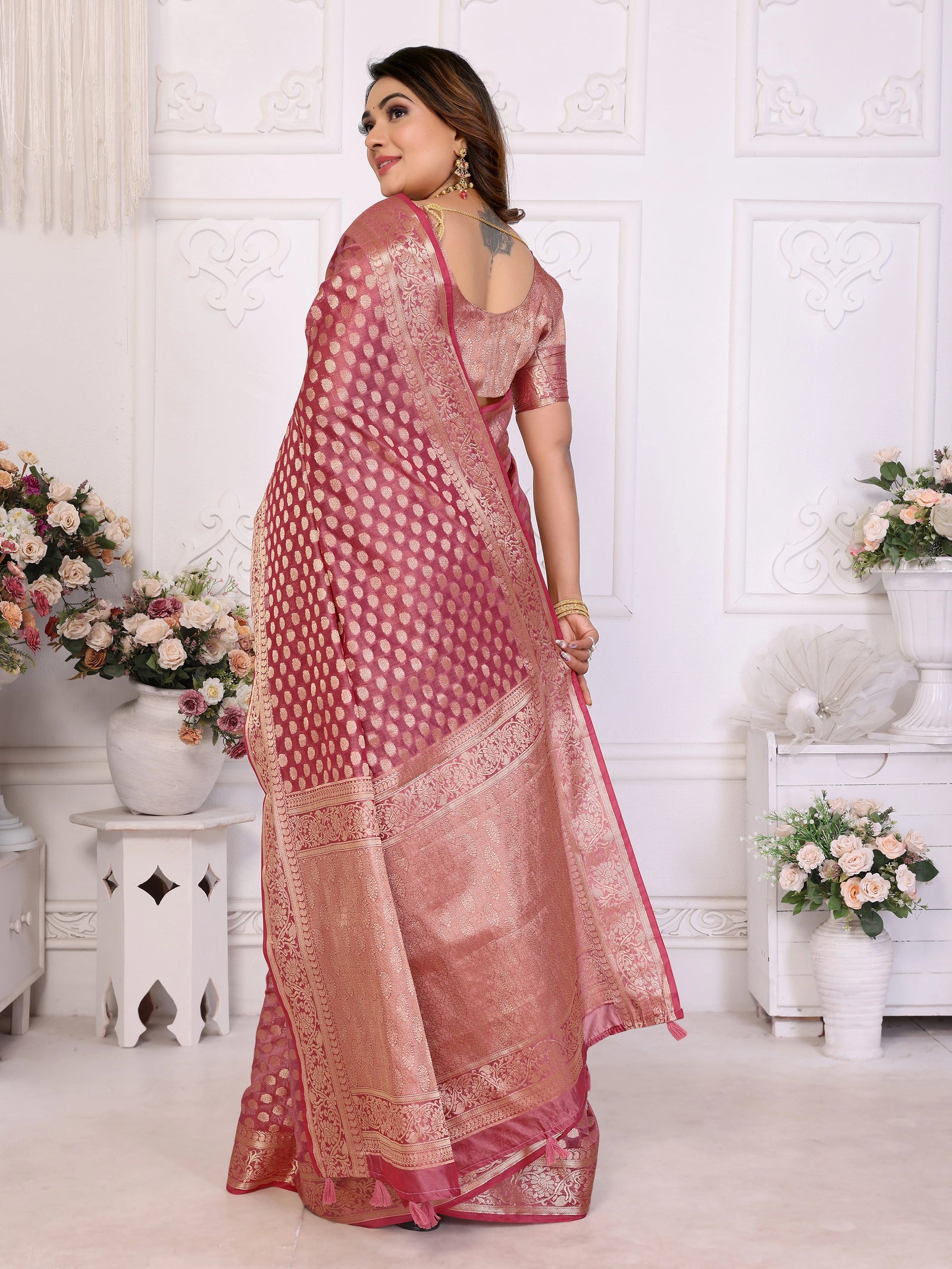 Soft Pink Gold Zari Weaving Soft Organza Banarasi Silk Saree – Kalyanja
