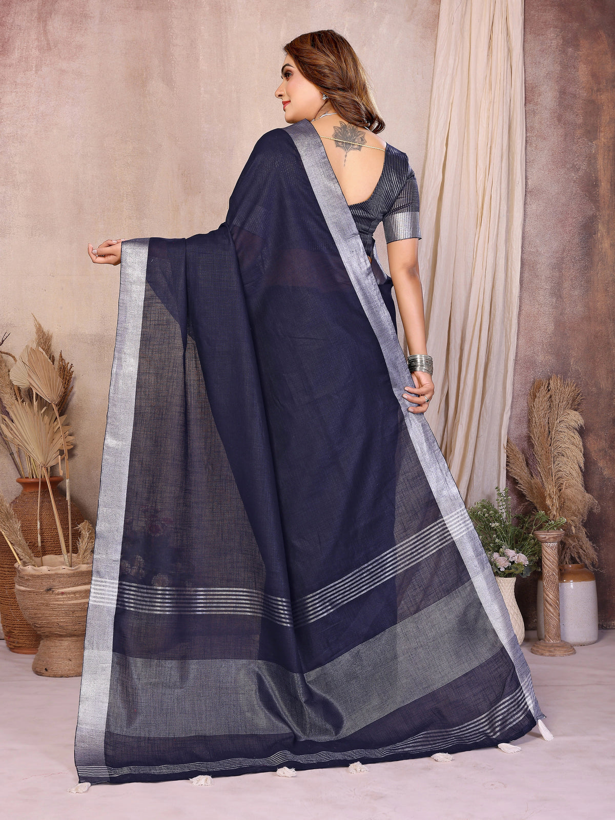 Navy Blue Zari Border Soft Linen Cotton Saree