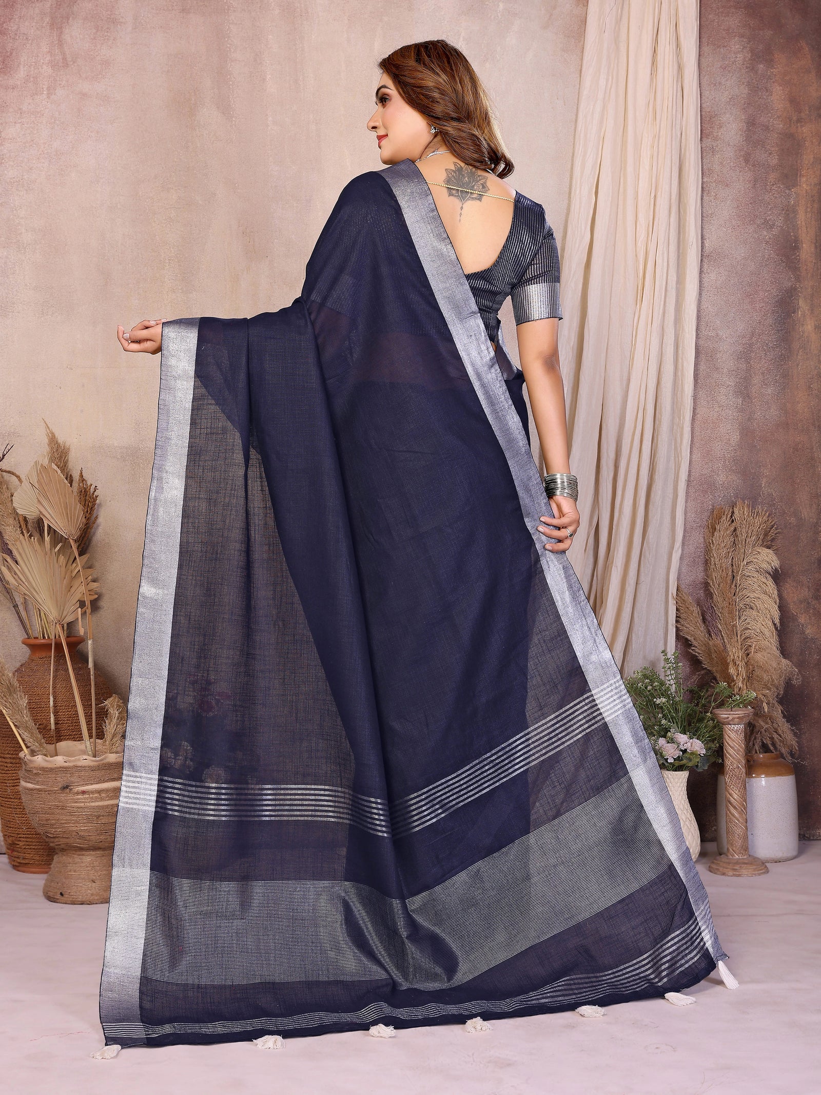 Navy blue silver zari border linen cotton saree – Kalyanja.