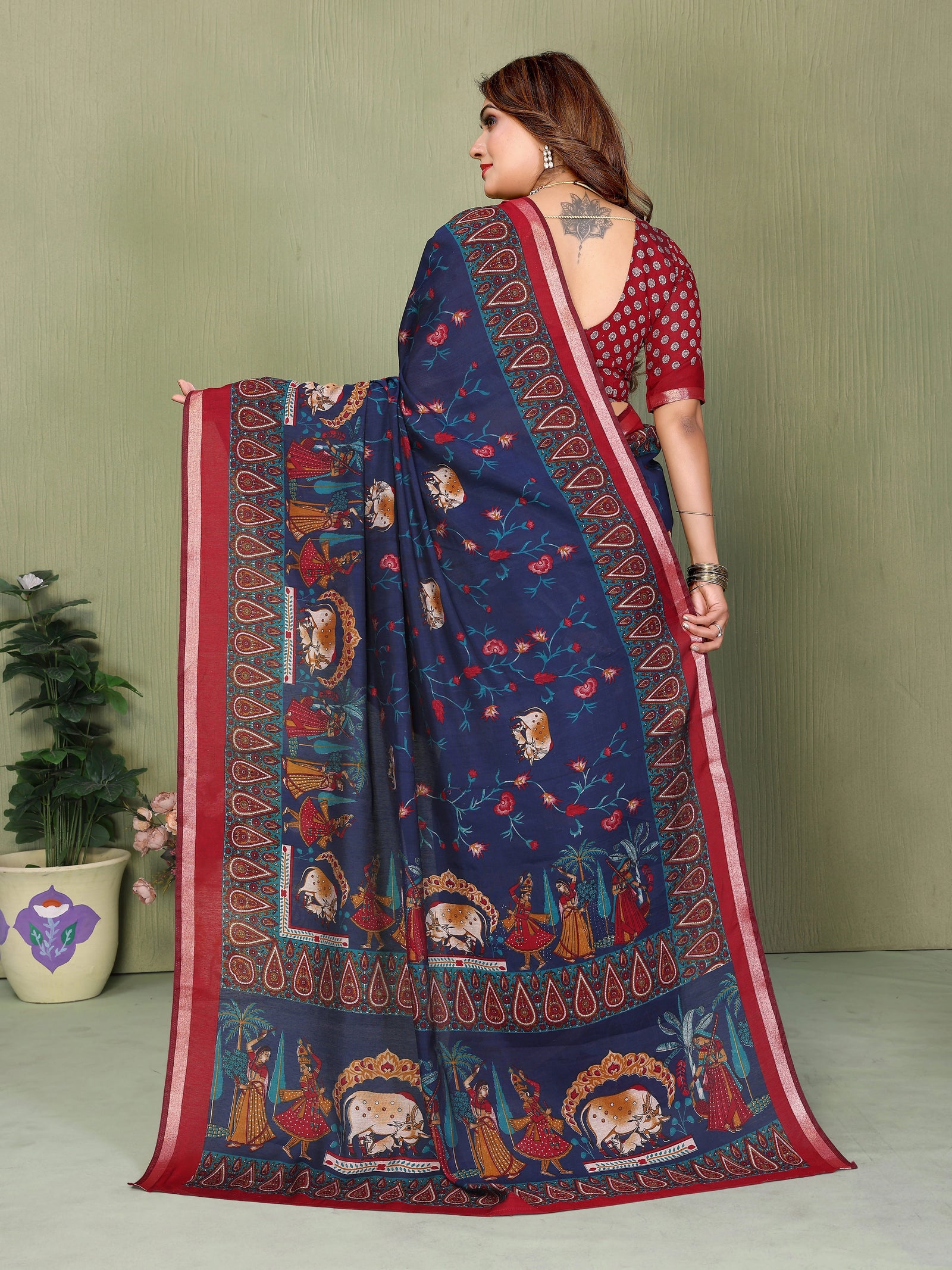 Navy Blue Mul Cotton Kalamkari Print Saree – Kalyanja
