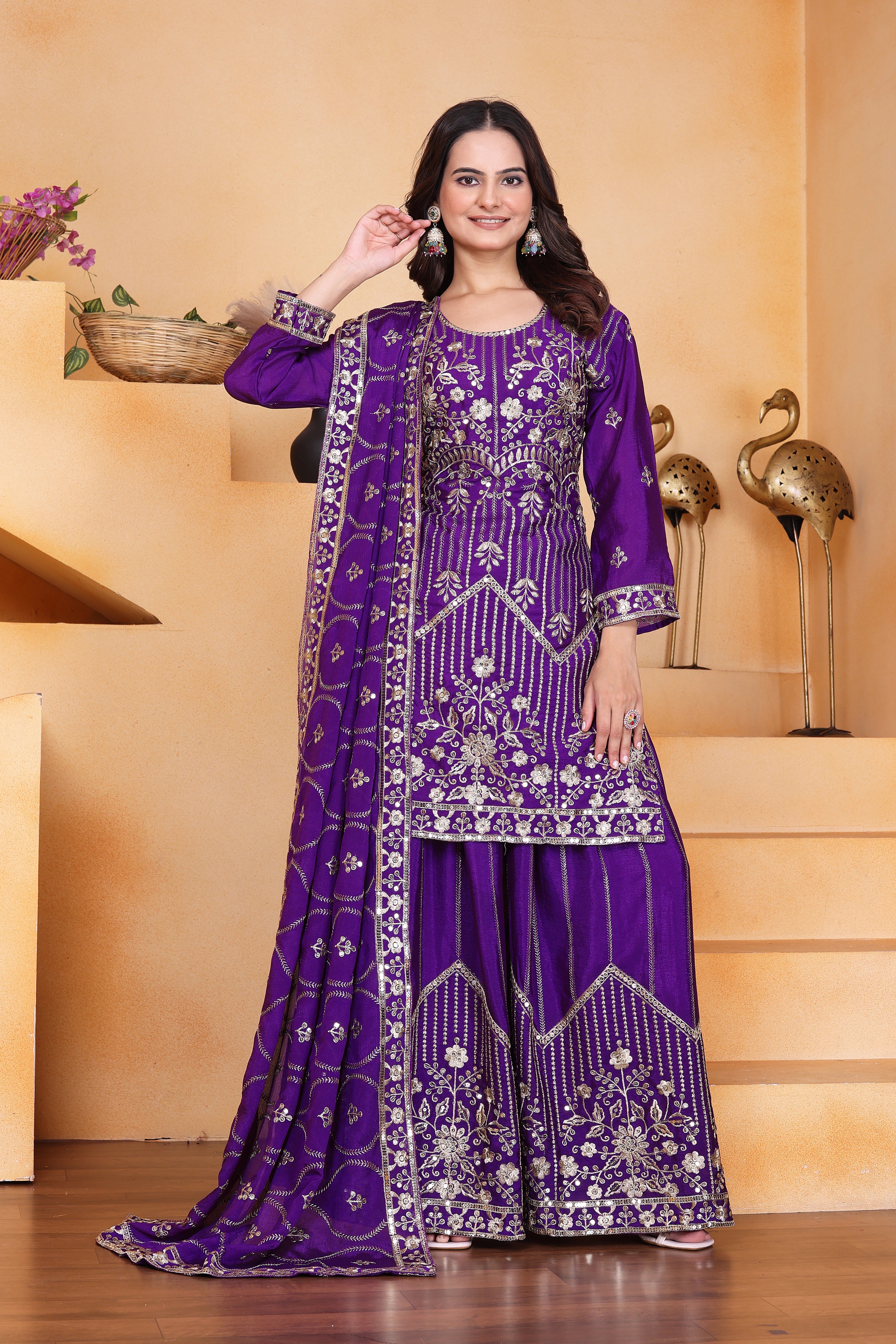 Purple Sequins Embroidery Work Chinon Silk Suit