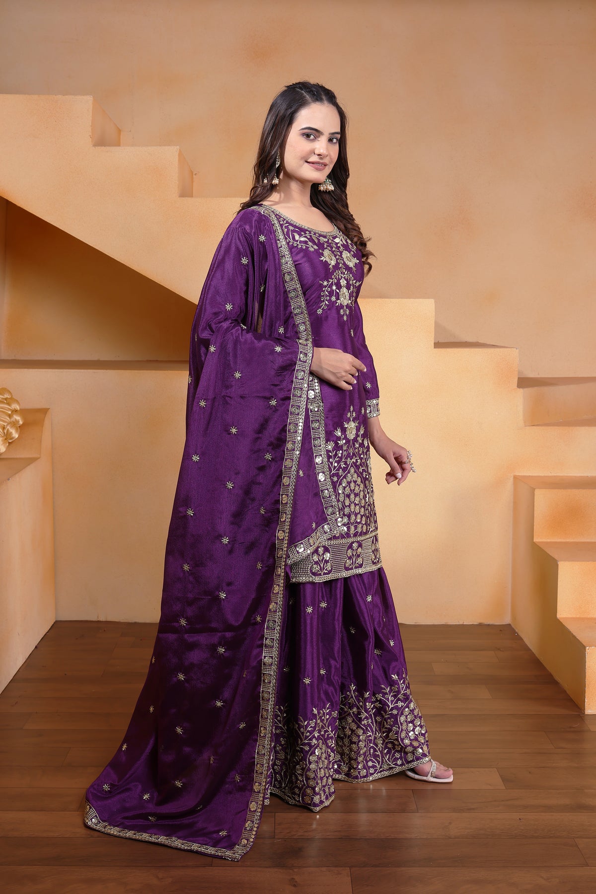 Wine Sequins Embroidery Work Chinon Suit - kalyanja